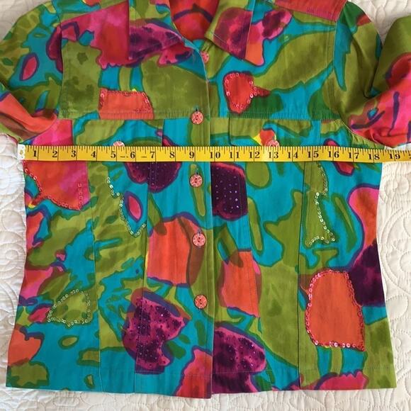 Choices colorful Jean style jacket watercolor print with sequins size PS - Picture 8 of 10